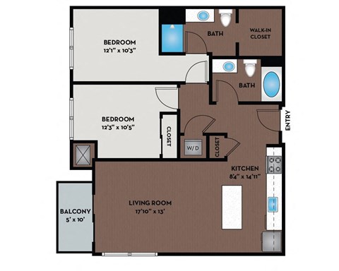 Floor plan for 2 beds, 2 baths, 1036 sqft